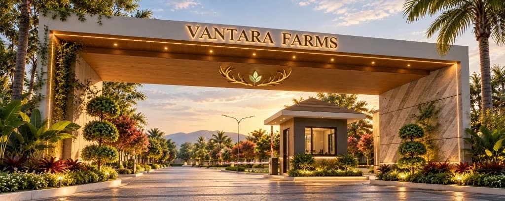 Vantara Farms — illuminated entry gate with landscaped planting and palm-lined drive